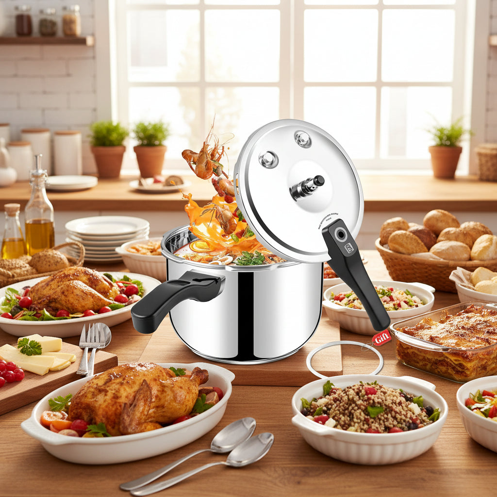 6.3 Quart Induction Compatible Stainless Steel Pressure Cooker by HomelyOasis, sleek silver pot on countertop