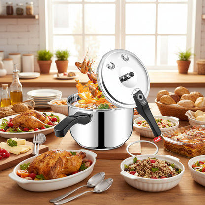 6.3 Quart Induction Compatible Stainless Steel Pressure Cooker by HomelyOasis, sleek silver pot on countertop