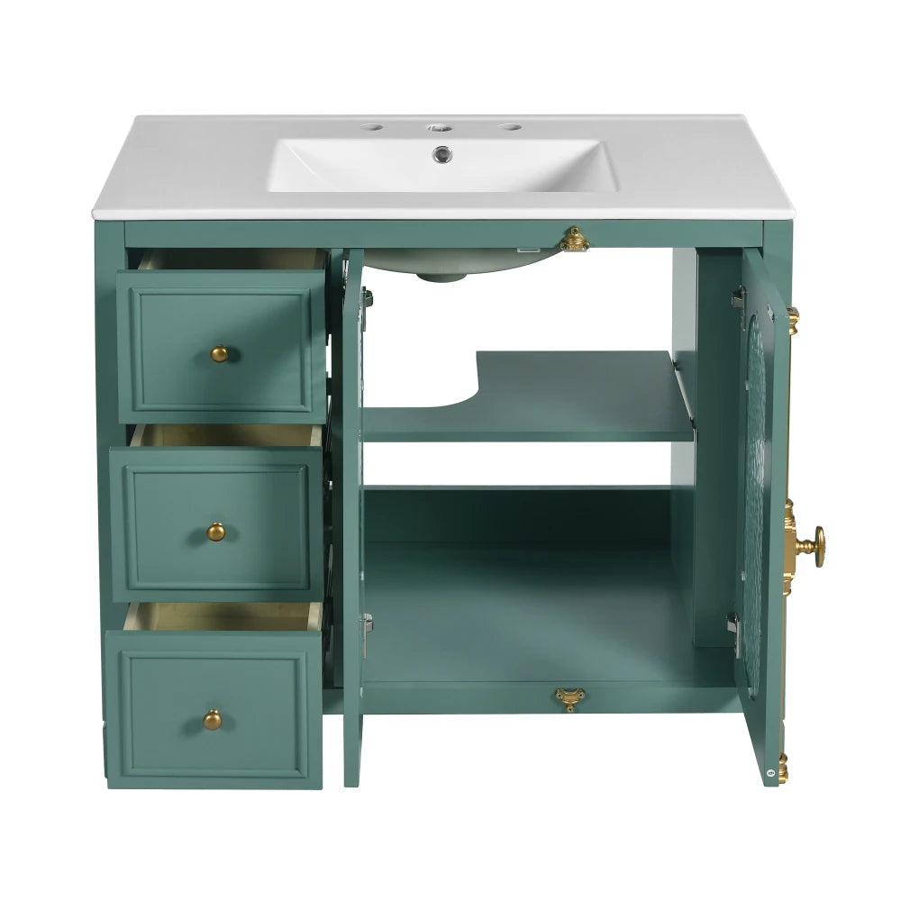 Modern 36" Double Glass Door Bathroom Cabinet w/Undermount Ceramic Sink