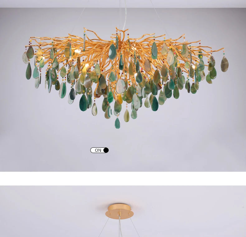 Art deco chandelier highlighted in a cozy dining space, showcasing its vibrant hues and elegant design.
