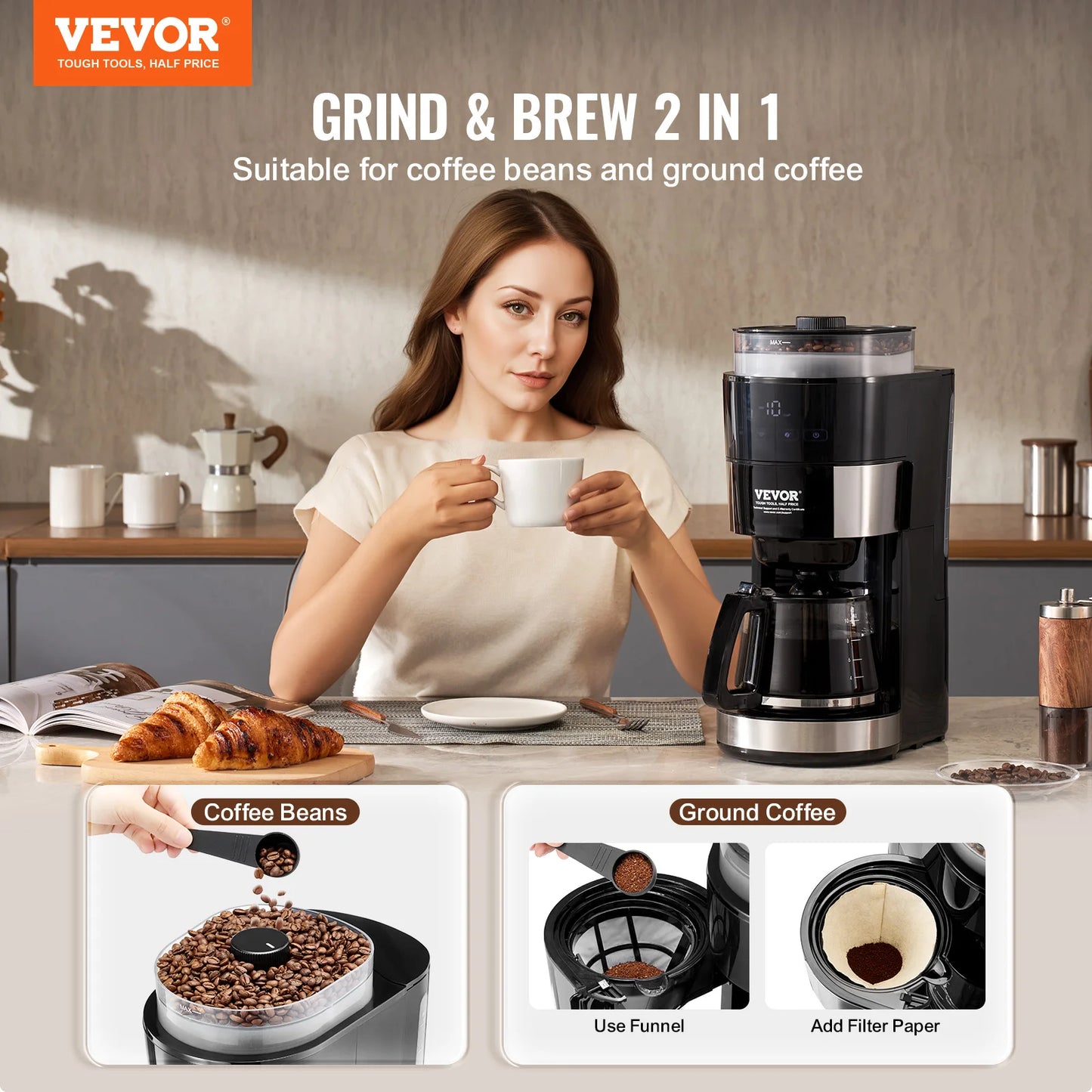Grind & Brew Coffee Maker with Built-In Grinder, 10-Cup Drip Coffee Machine with Adjustable Strength & Coarseness