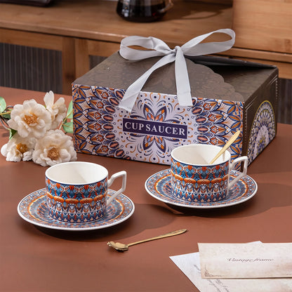 Bohemian Ceramic Coffee Cup and Saucer Set for 2, 8.5 oz Espresso Mugs with Spoons, 8.5 ounce ceramic coffee cup set
