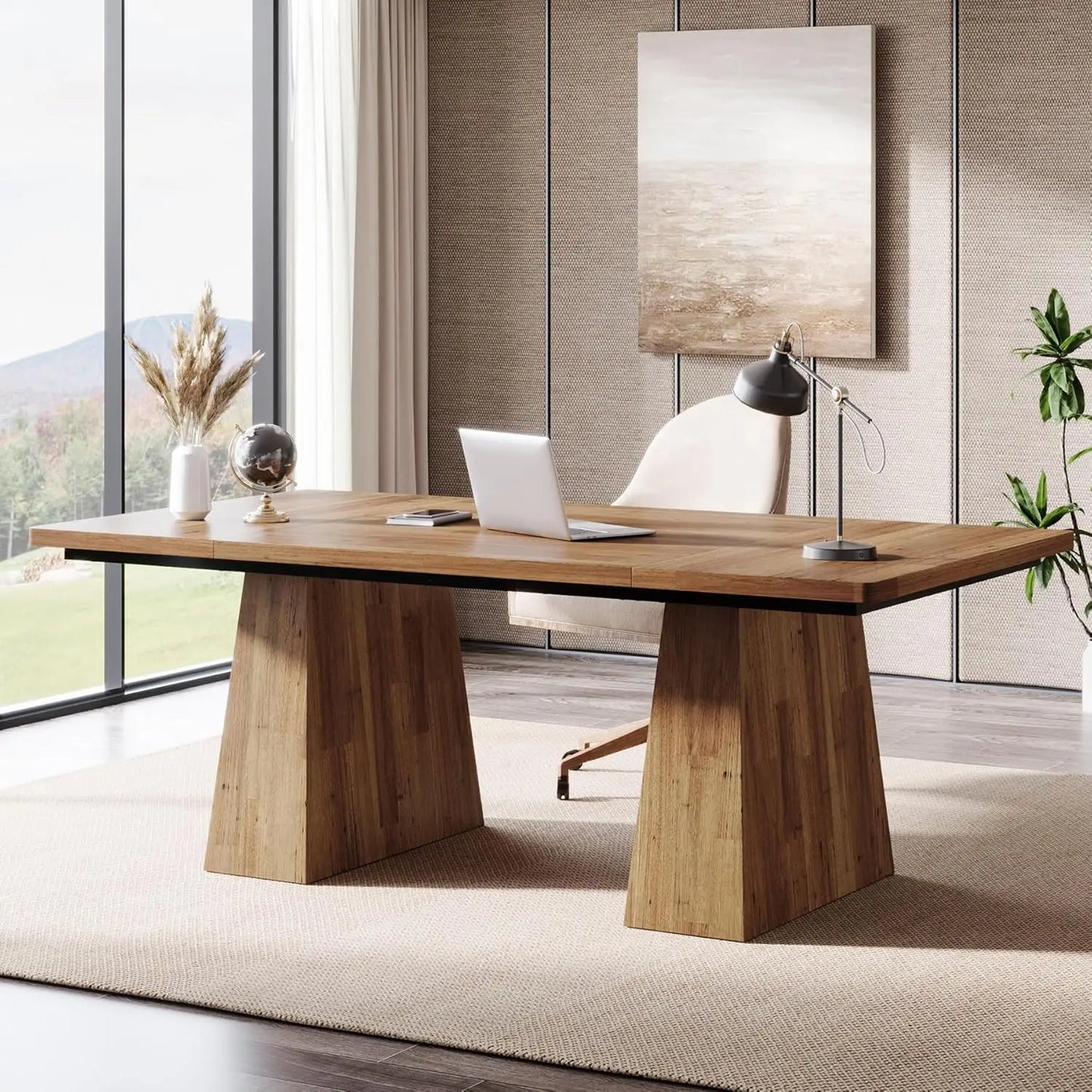 Minimalist silhouette of the 63" Walnut Brown Large Office Computer Desk, perfect for any contemporary workspace.