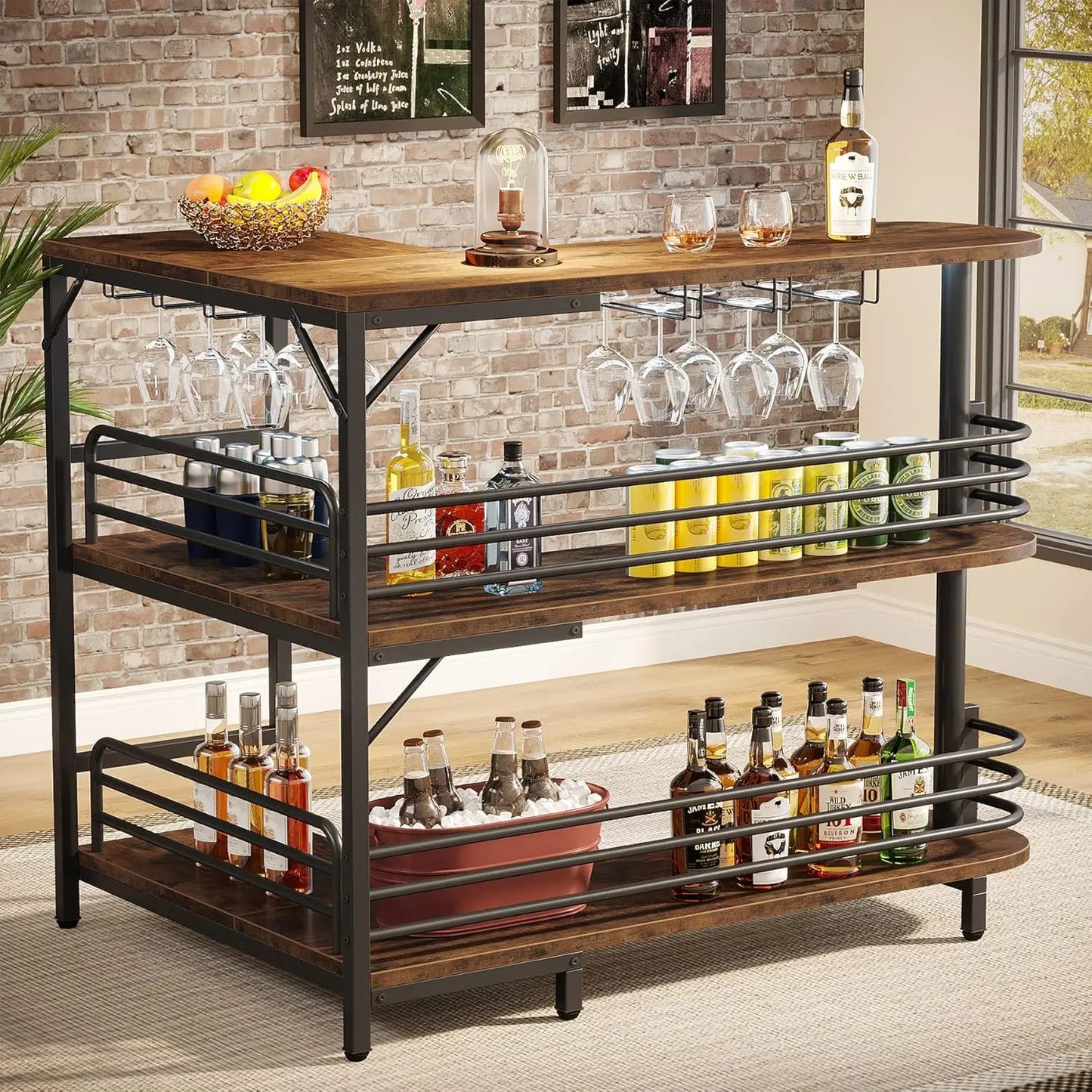 Industrial Liquor Bar Table for Home Pub/ L -Shaped Home Bar Unit