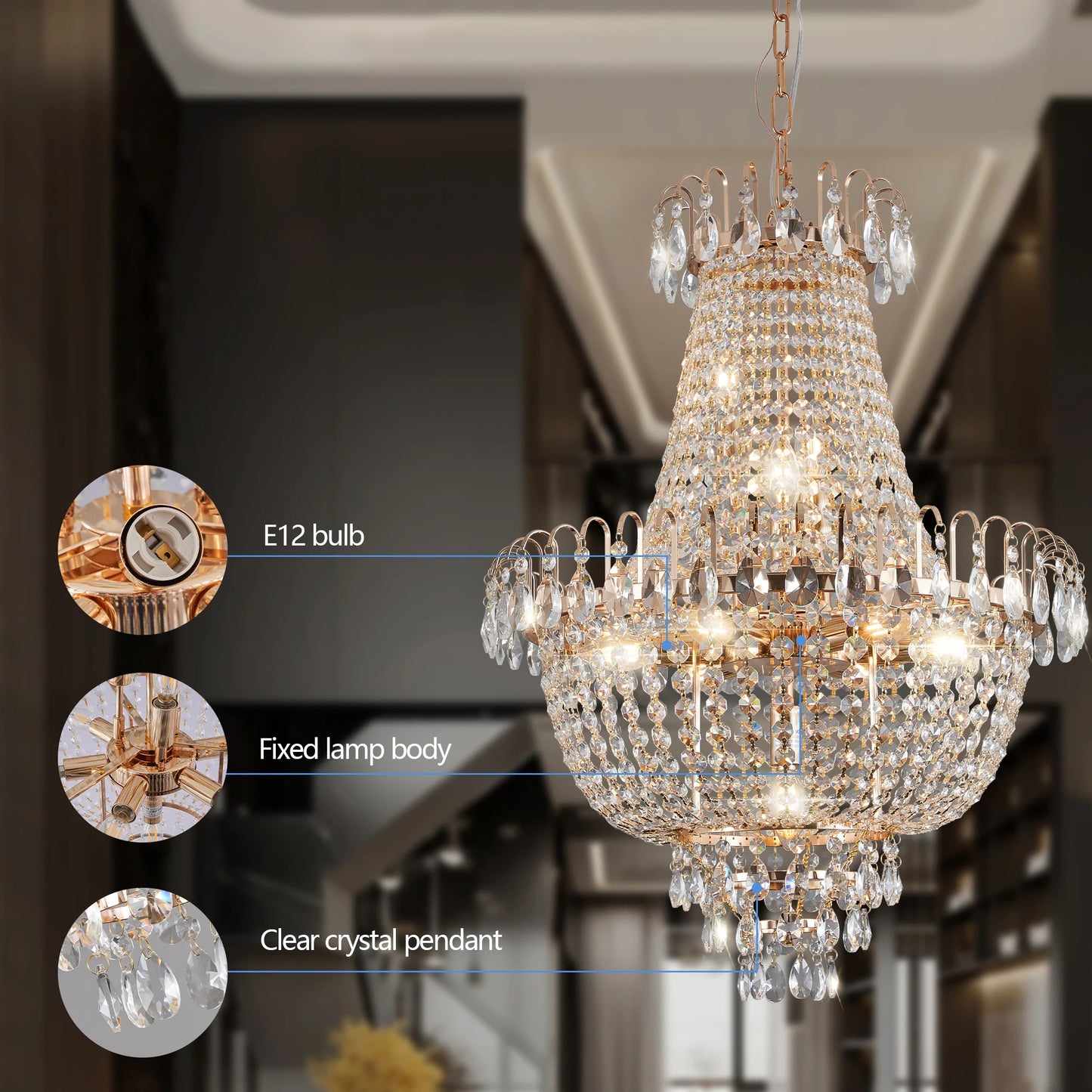 Close-up of Gold K9 Crystal Chandelier showcasing premium crystal droplets and polished gold finish.