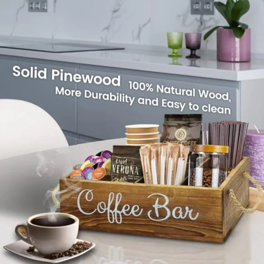 Rustic handles of the Farmhouse Coffee Bar Organizer add charm and functionality to this essential farmhouse coffee organizer.