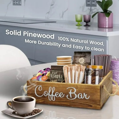 Rustic handles of the Farmhouse Coffee Bar Organizer add charm and functionality to this essential farmhouse coffee organizer.