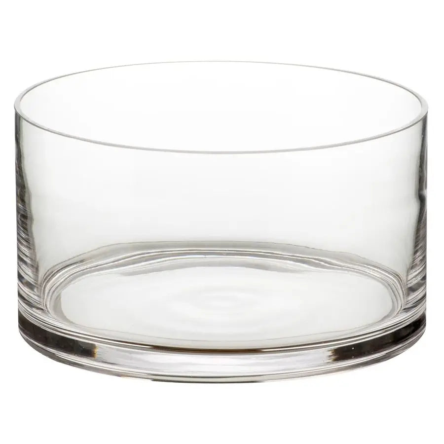 Side view of the 9" Clear Handcrafted Glass Salad Bowl, highlighting the deep center suitable for various dishes.