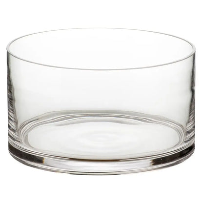 Side view of the 9" Clear Handcrafted Glass Salad Bowl, highlighting the deep center suitable for various dishes.