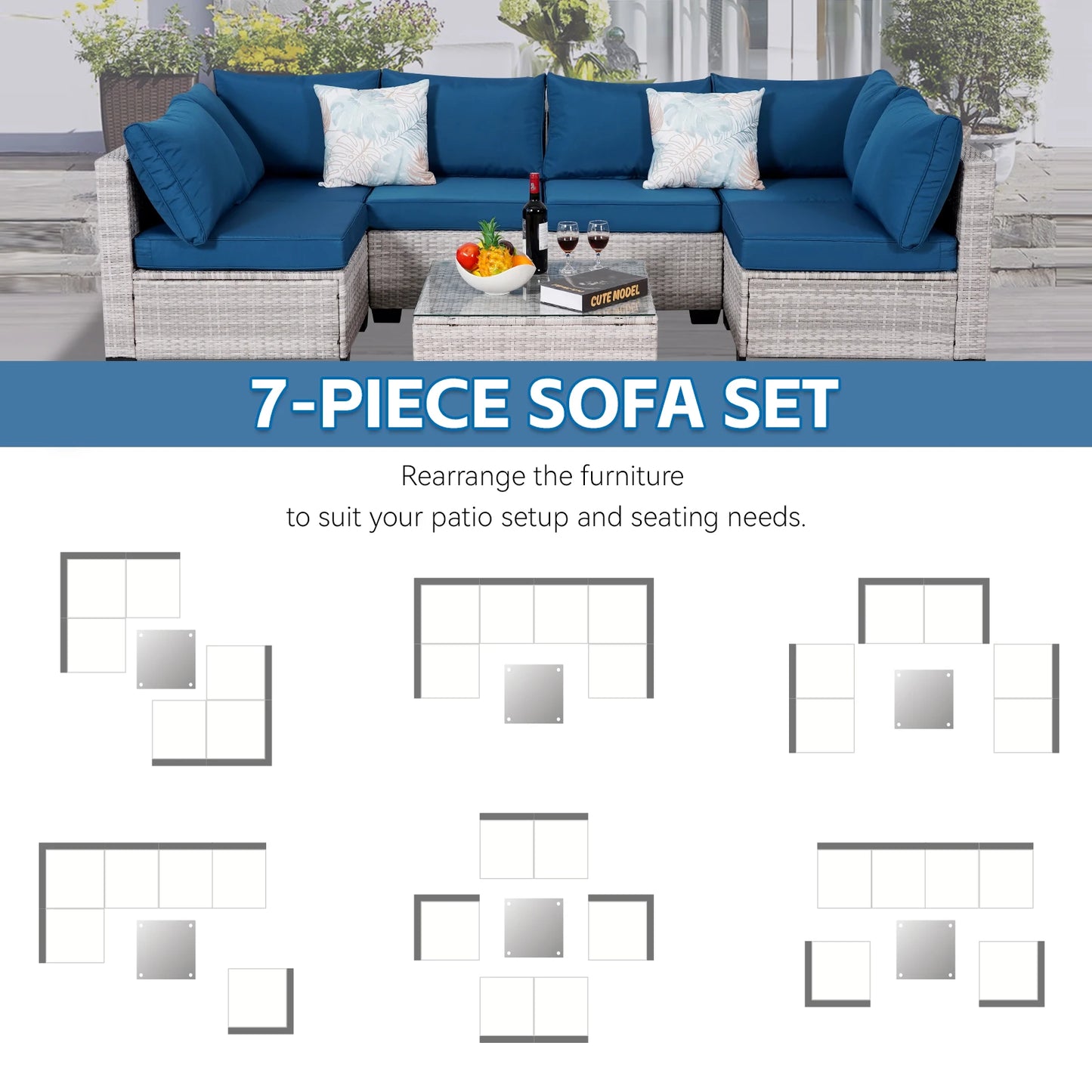 7-Piece Rattan Wicker Sectional Sofa Set