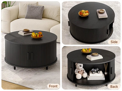 Elegant round coffee table with sliding door – A perfect blend of style and functionality in this mid century coffee table.