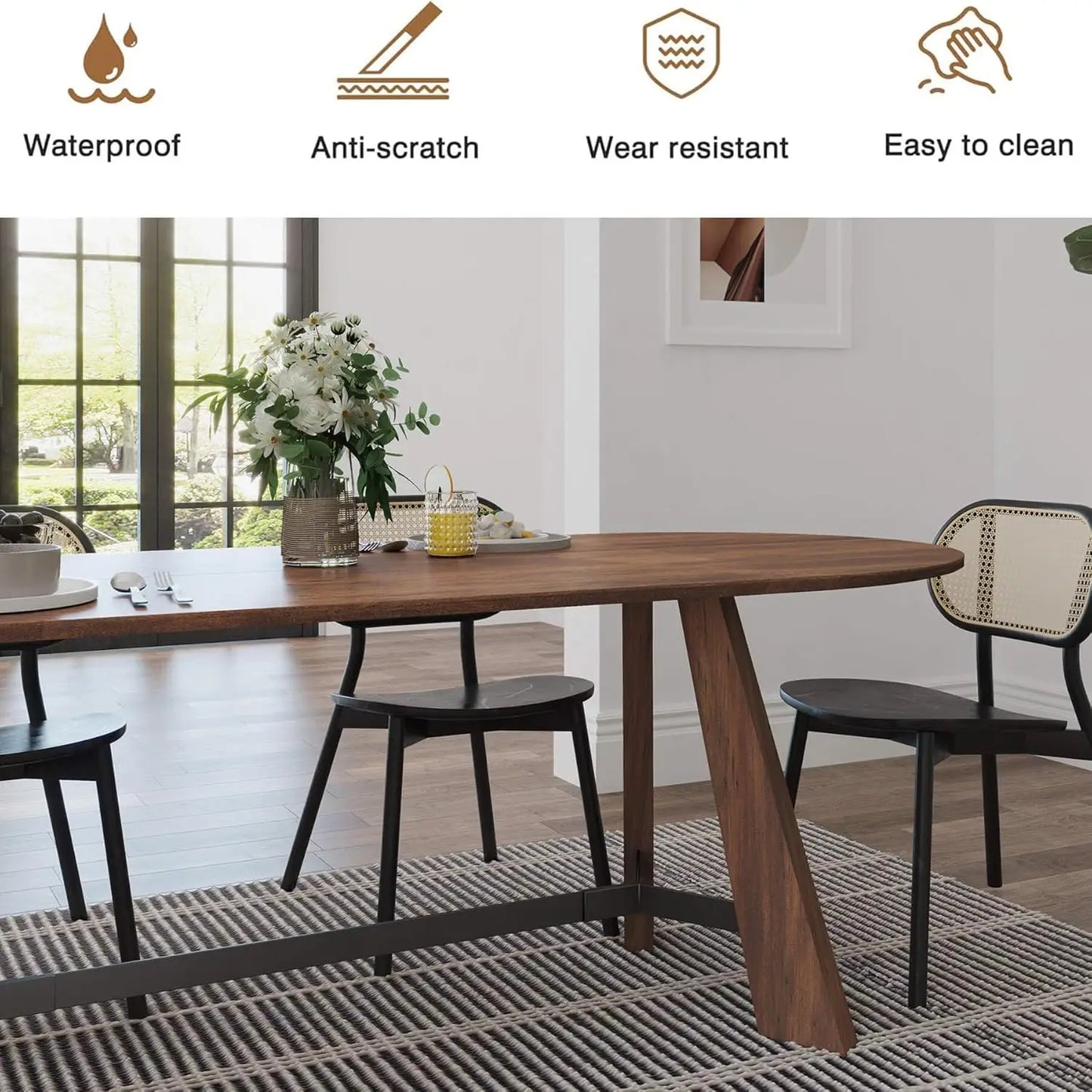 Beautifully arranged Mid-Century Walnut Oval Dining Table Set with beige upholstered chairs, enhancing modern decor.