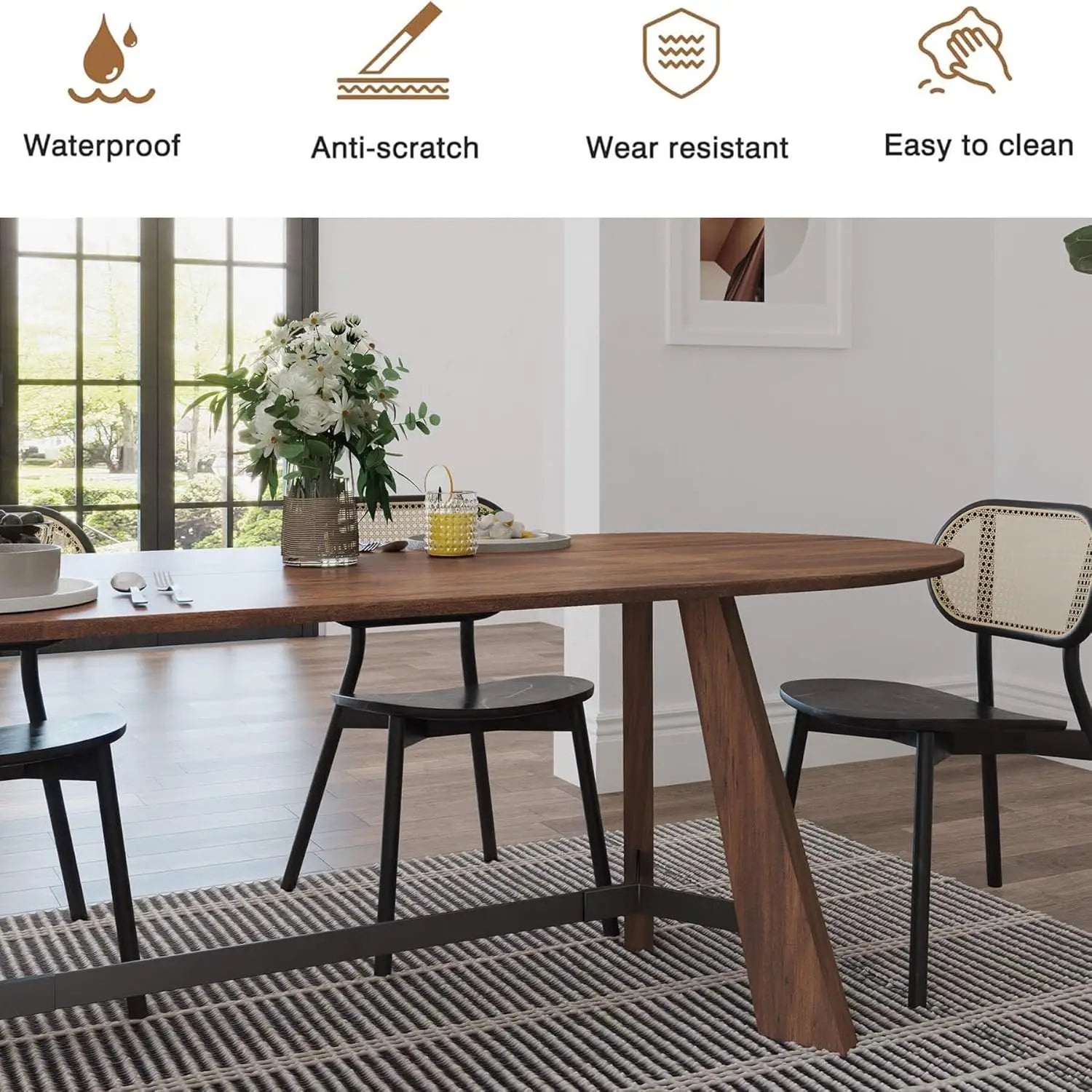 Beautifully arranged Mid-Century Walnut Oval Dining Table Set with beige upholstered chairs, enhancing modern decor.