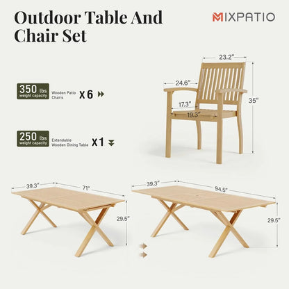 7-Piece 100% Acacia Wood Outdoor Dining Set w/Extension Sleeve