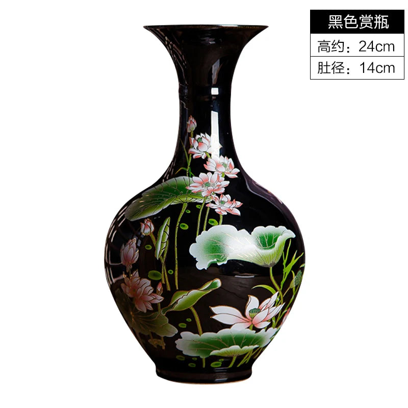 Elegant Chinese-Style Black Ceramic Vase against a neutral background, highlighting traditional chinese art home decoration.