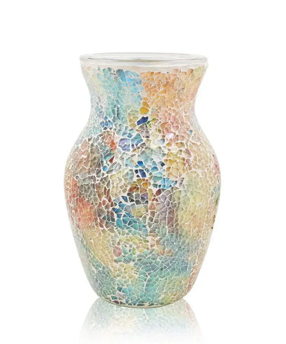 8" Handcrafted Cracked Glass Flower Vase on a dining table, an elegant handcrafted glass vase that serves as a stunning centerpiece.