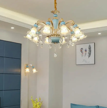 Frosted White Glass Tiffany Blue Floral Chandelier
