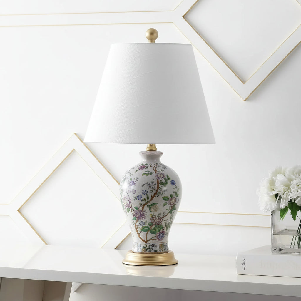 Elegant 24" Multicolor Ceramic Floral LED Table Lamp with Golden Base - showcasing a stunning design perfect for home decor, a vibrant multicolor table lamp.