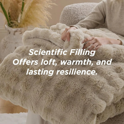 Plush & Fluffy Faux Rabbbit Fur Light Beige King Comforter Set 