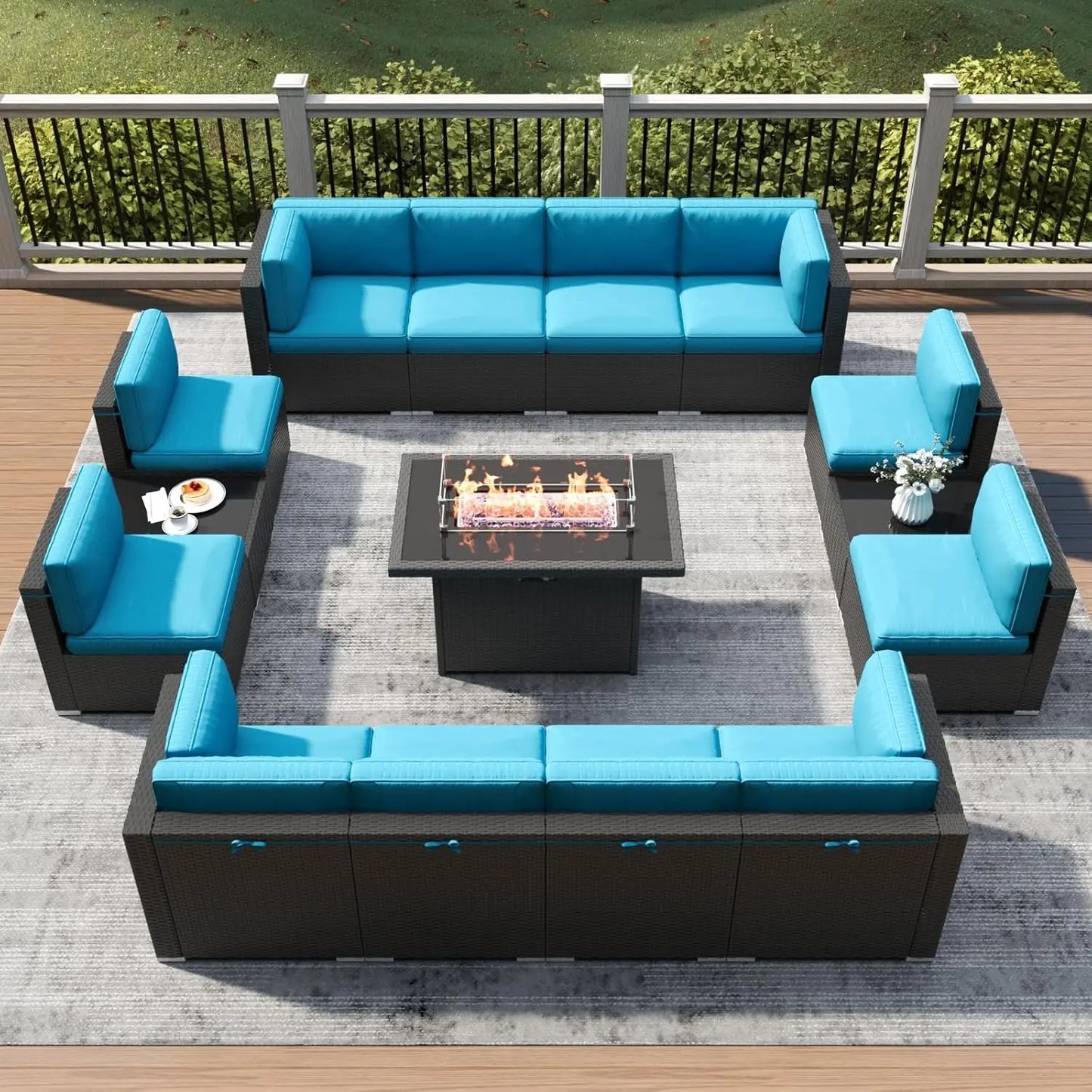 Modern 15-piece Black Outdoor Patio Furniture Set w/Fire Pit Table