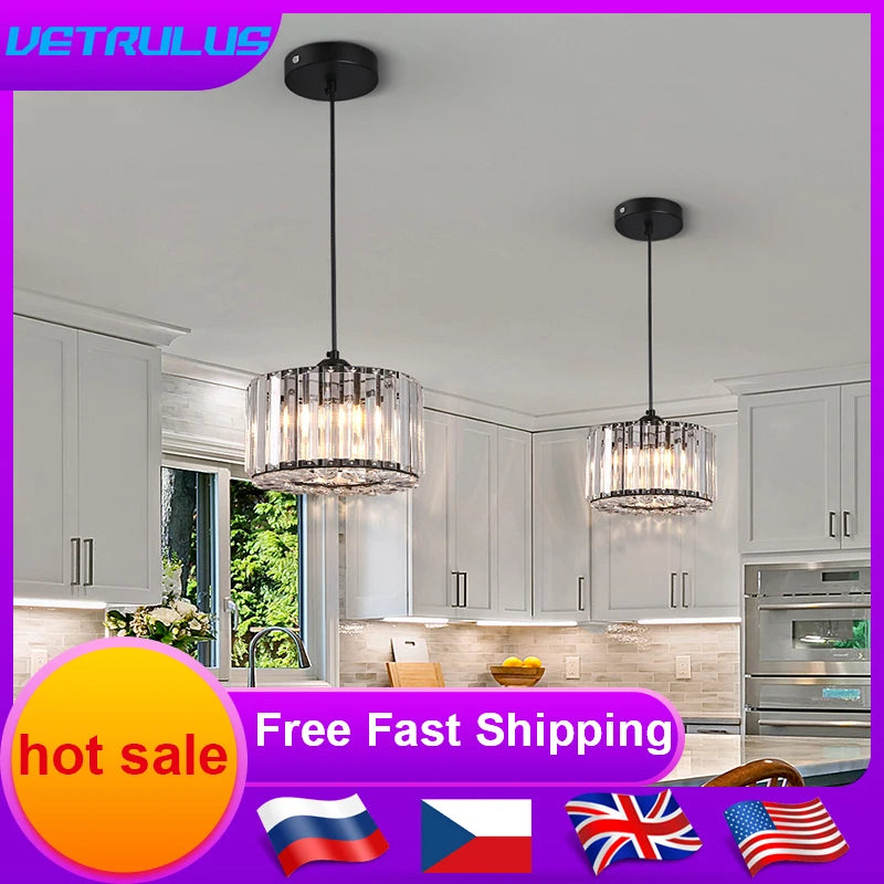 Compact modern LED crystal pendant light perfect for kitchen island, featuring a stylish black finish.