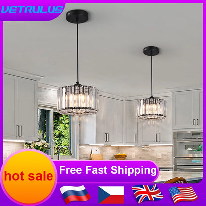 Compact modern LED crystal pendant light perfect for kitchen island, featuring a stylish black finish.