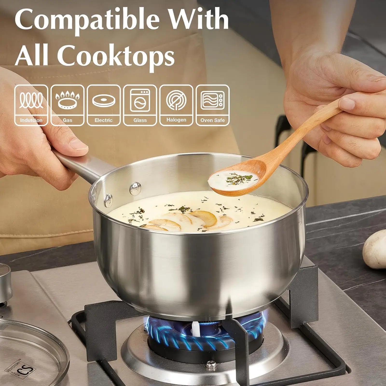 Stainless steel pot on a gas stove with a wooden spoon, text 'Compatible With All Cooktops' and icons below.