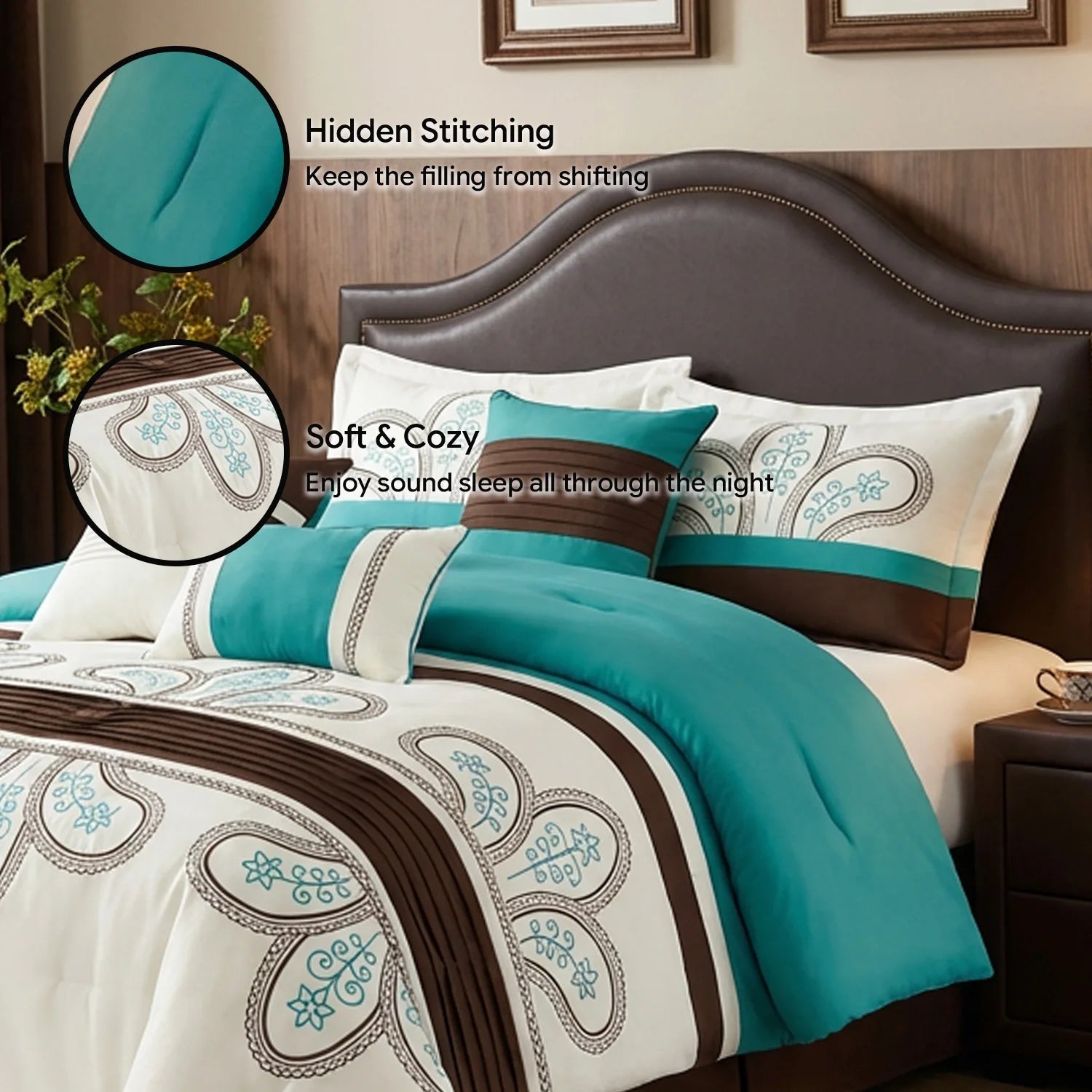 Elegant Queen King Microfiber 6-Piece Comforter Set with matching pillow shams and fitted sheets.