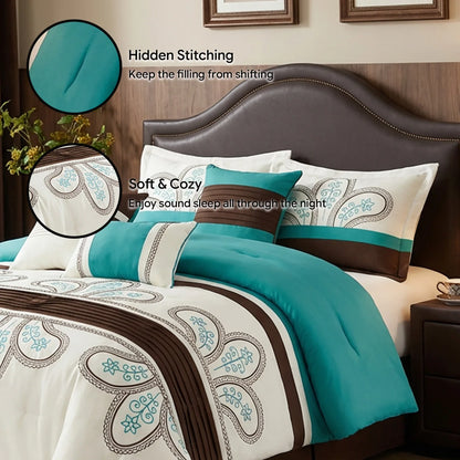 Elegant Queen King Microfiber 6-Piece Comforter Set with matching pillow shams and fitted sheets.