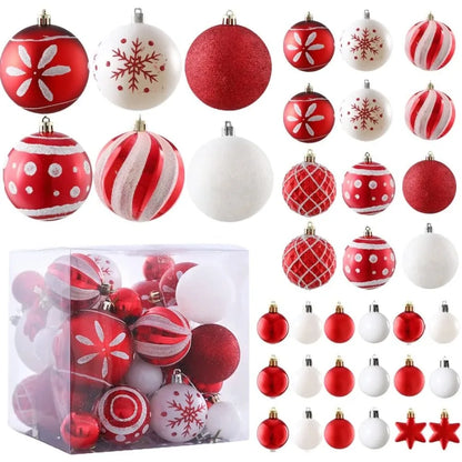 Elegant red and white colors of the 36 Count Shatterproof Ornament Set, adding charm to festive events and home decor.