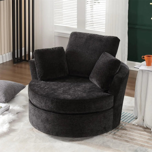 Oversized Black Chenille Swivel Barrel Chair w/3 Pillows