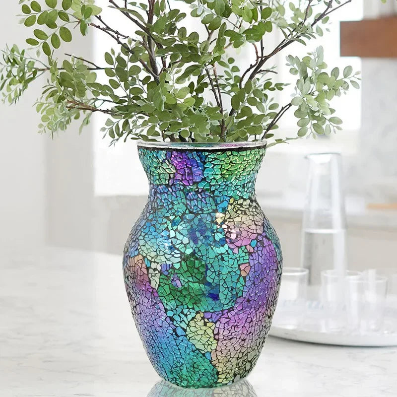 8" Handcrafted Cracked Glass Flower Vase showcasing European Mosaic Style with an iridescent finish, perfect handcrafted glass vase for modern decor.