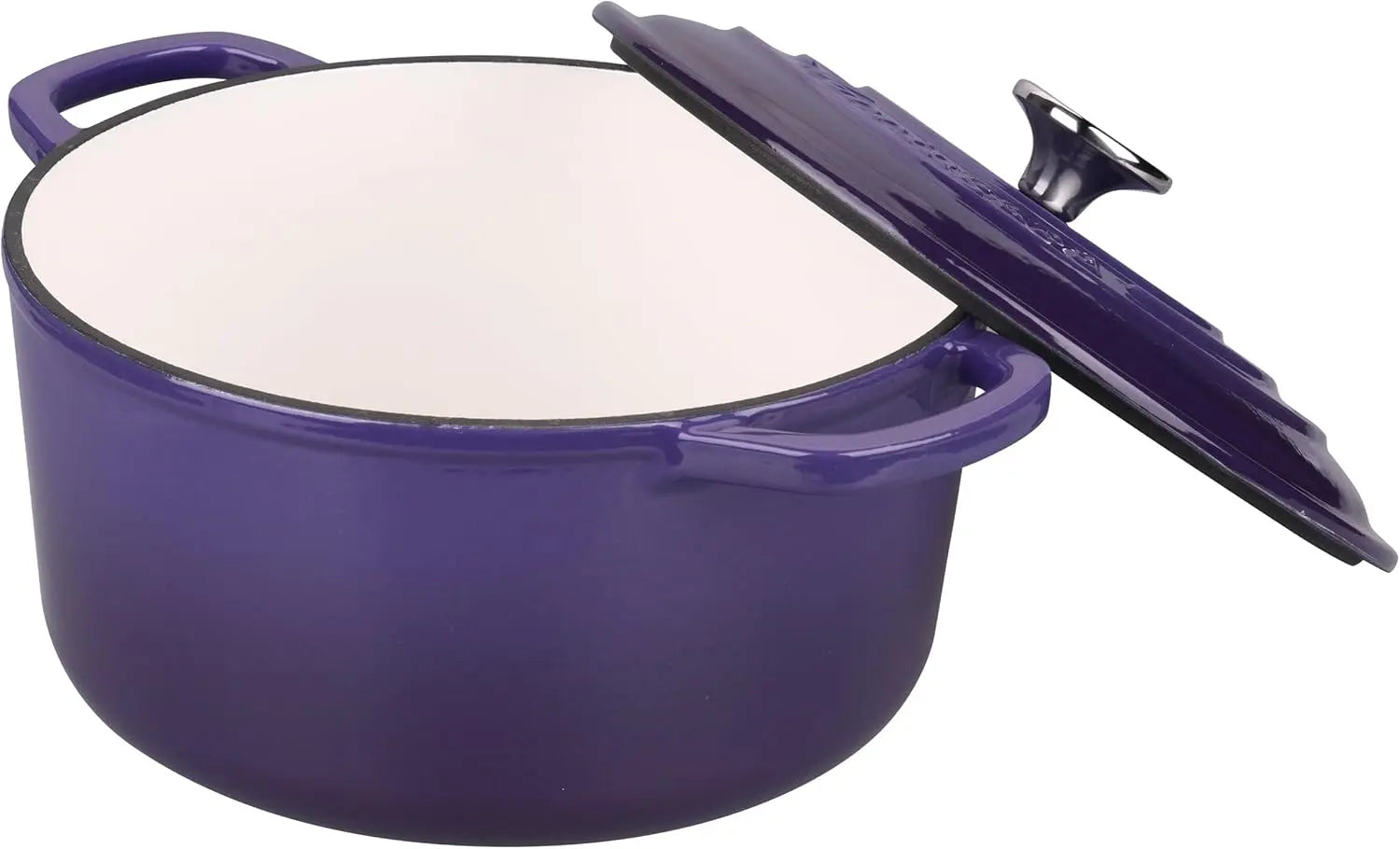 The stylish purple cast iron dutch oven 6QT, with a tight-fitting lid, locking in flavor and moisture during cooking.