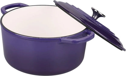 The stylish purple cast iron dutch oven 6QT, with a tight-fitting lid, locking in flavor and moisture during cooking.