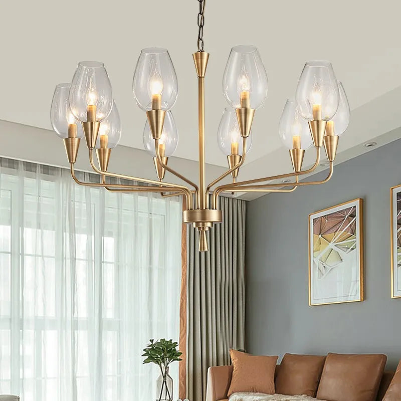 Stunning Modern LED Chandelier in Blue and Matte Brass hanging above an elegant table setting, perfect for enhancing dining experiences.
