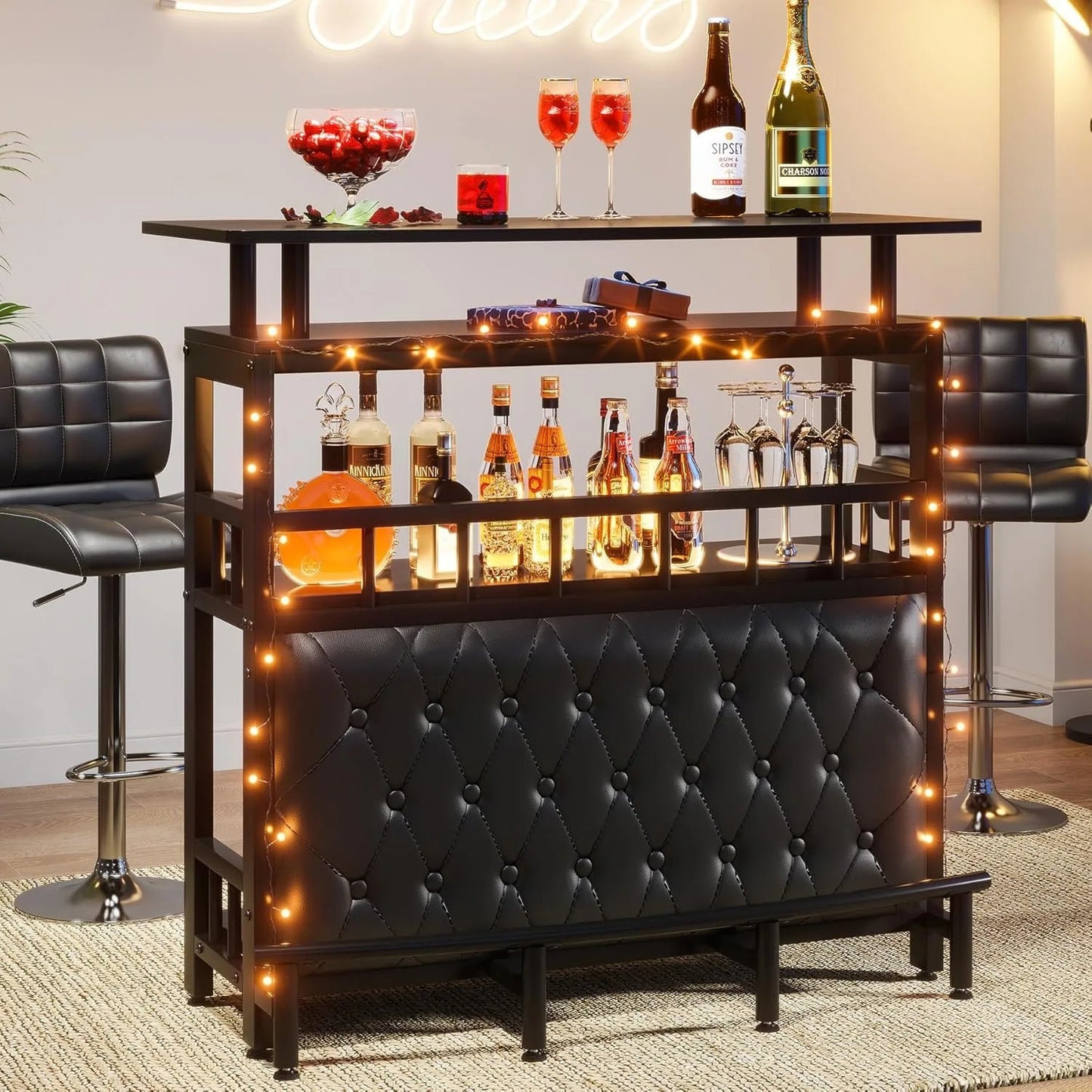 Upholstered Black Bar Table Unit for Home Liquor 