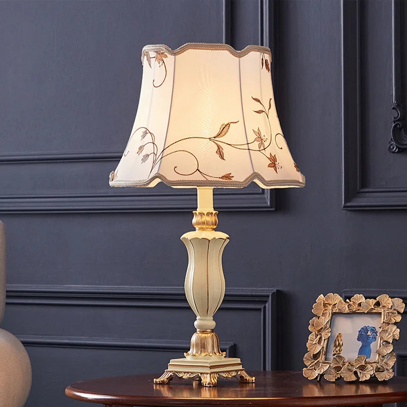 Elegant fabric shade lamp in a cozy reading nook, perfect for creating a warm ambiance with the Traditional Elegant Fabric Shade Desk Lamp.