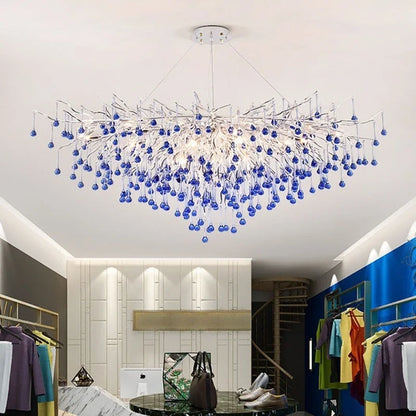 Luxury Chrome Branch  &  Silver Blue Crystal Ceiling Chandelier