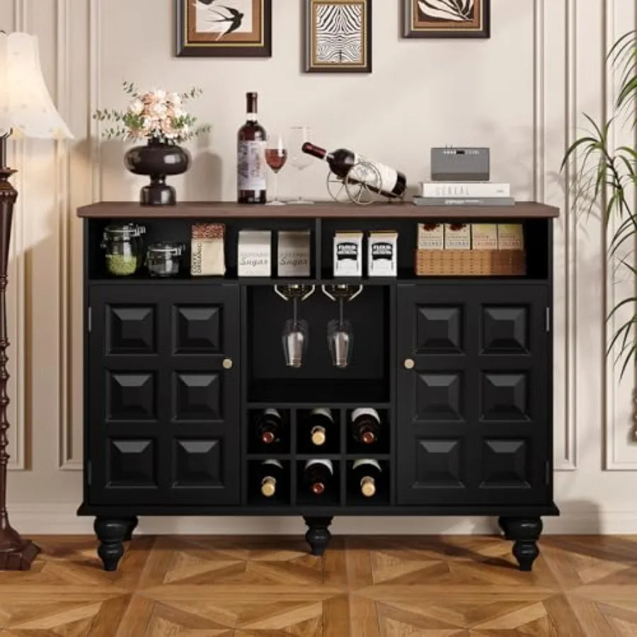 Vintage Style Black Wine Bar Cabinet w/Integrated Wine Rack and Glass Holder