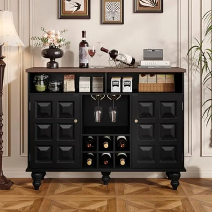 Vintage Style Black Wine Bar Cabinet w/Integrated Wine Rack and Glass Holder