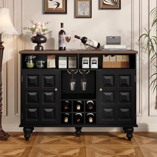 Vintage Style Black Wine Bar Cabinet w/Integrated Wine Rack and Glass Holder