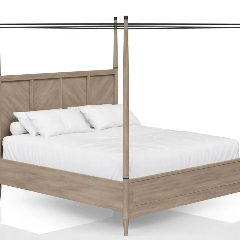 Full view of the Wilmington Canopy Bedroom Set in Sand with Queen bed, dresser, mirror, and nightstand arranged in a stylish bedroom.