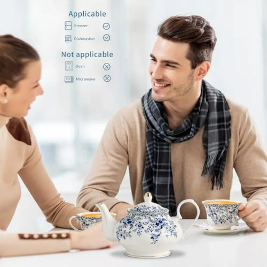 Vintage Blue Floral Bone China Tea Set displayed on a lace tablecloth for a charming tea moment.