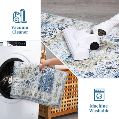 Exquisite Vintage Floral Design Chenille Blue Area Rug