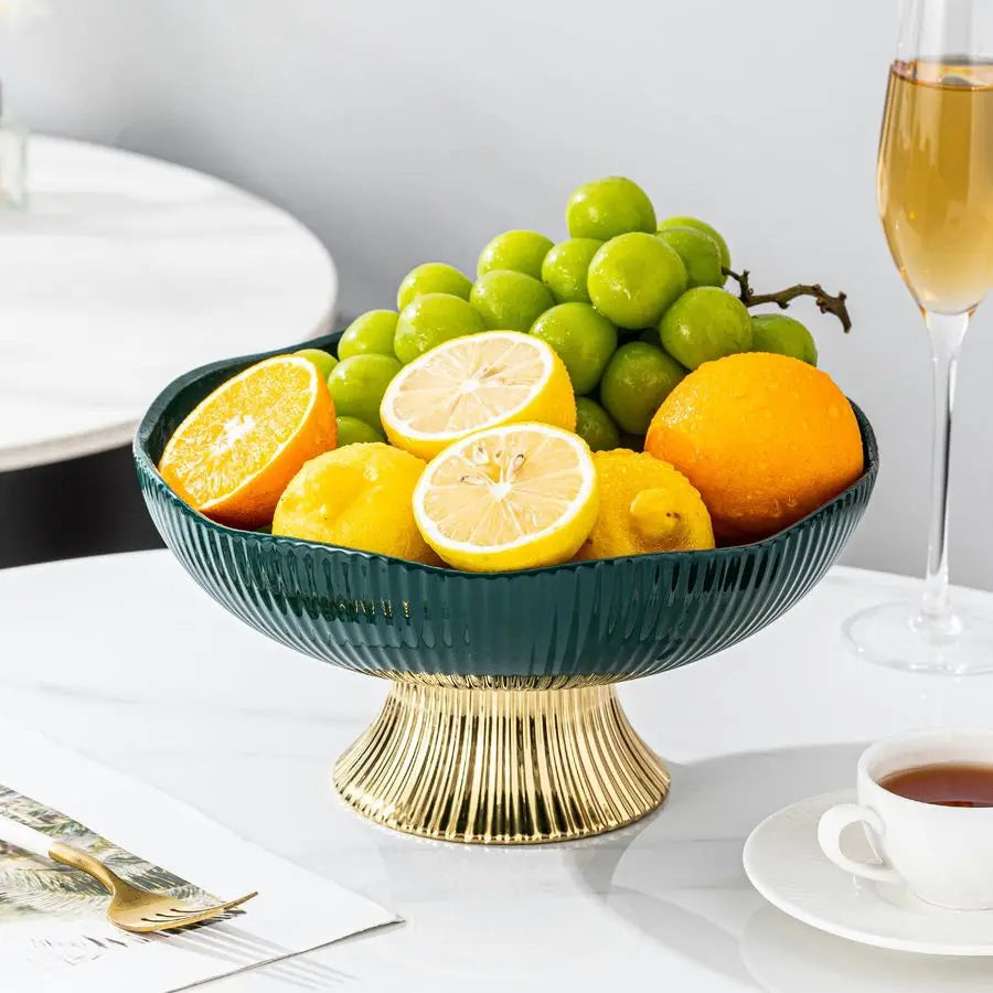 Luxury Green Ceramic Pedestal Fruit Bowl with Gold Base – Elegant 10” Decorative Centerpiece showcasing a vibrant green ceramic finish and eye-catching gold base.