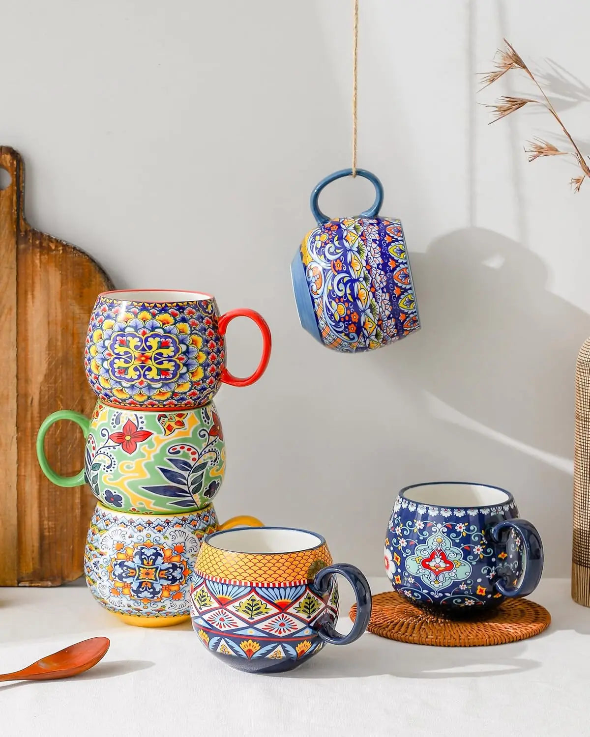 Elegant Boho 20oz Ceramic Coffee Mug Set of 6 featuring vibrant multi-color designs, perfect boho ceramic coffee mugs for your kitchen.