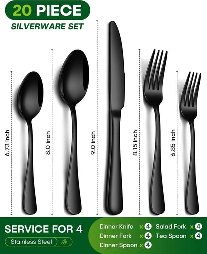 20-Piece Black Silverware/Flatware Set for 4