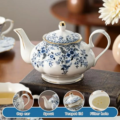 Elegantly styled Vintage Blue Floral Bone China Teapot Set with gold trim and floral accents.