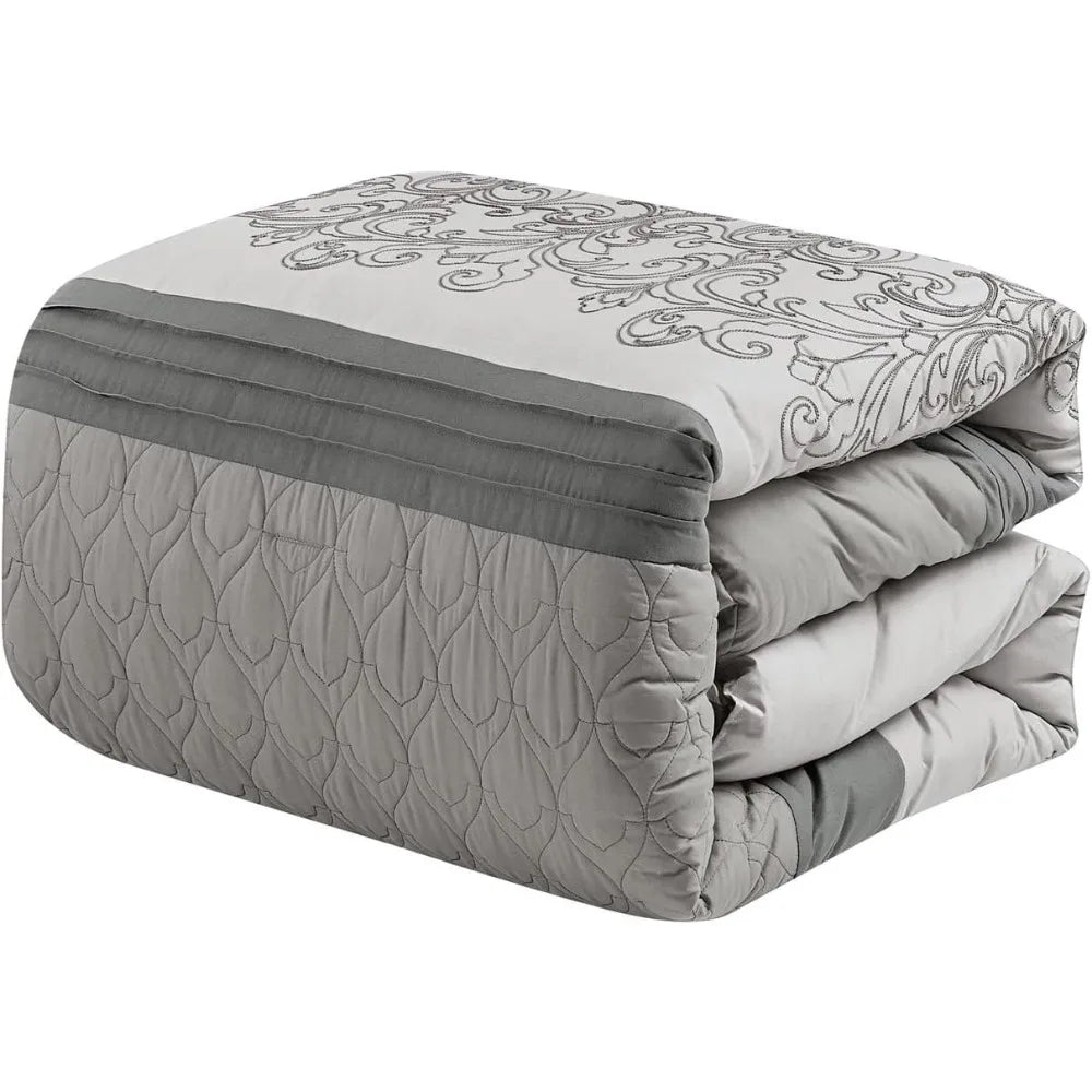 Luxury Full/Queen 7-Piece Bed in a Bag Light Grey Comforter Set 