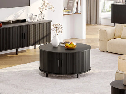 Black Round Mid-Century Coffee Table with Hidden Storage & 360° Sliding Door – A stylish mid century coffee table that enhances living room decor.